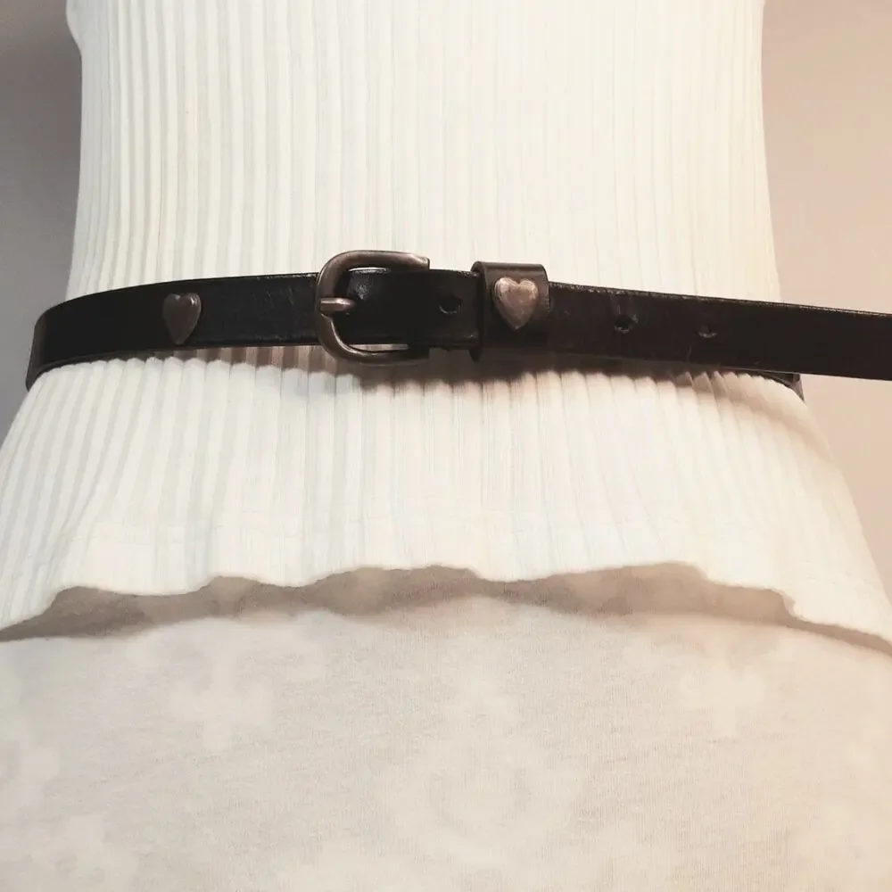Womens Black Leather Brass Heart Studed Skinny Belt Size Medium Punk Moto